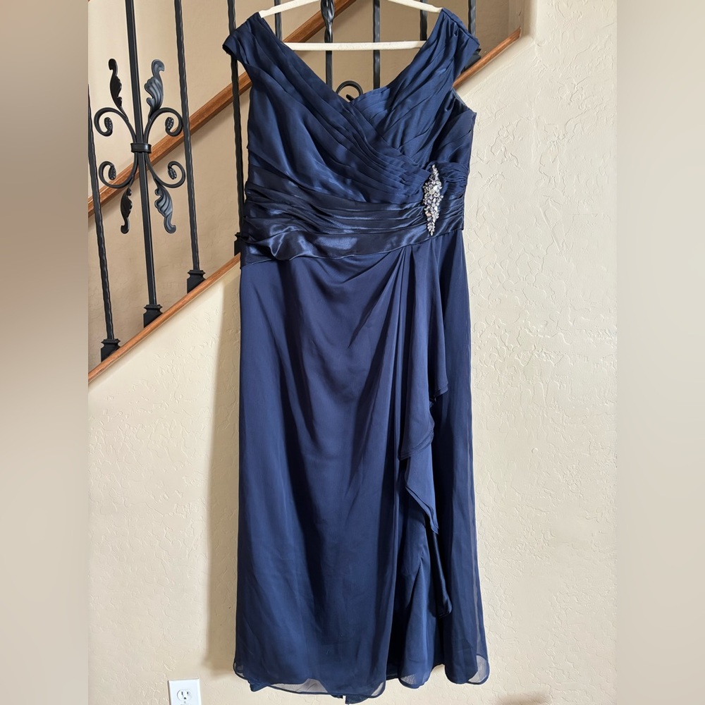 Navy Blue Satin and Chiffon Party Dress